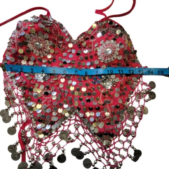Pink Sequin Halter Crop Top Silver Sequin Backless Belly Dancing Tops NEW - Picture 8 of 11